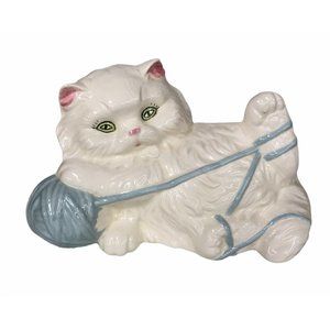Big White Persian Kitty Cat Playing w/ Blue Yarn